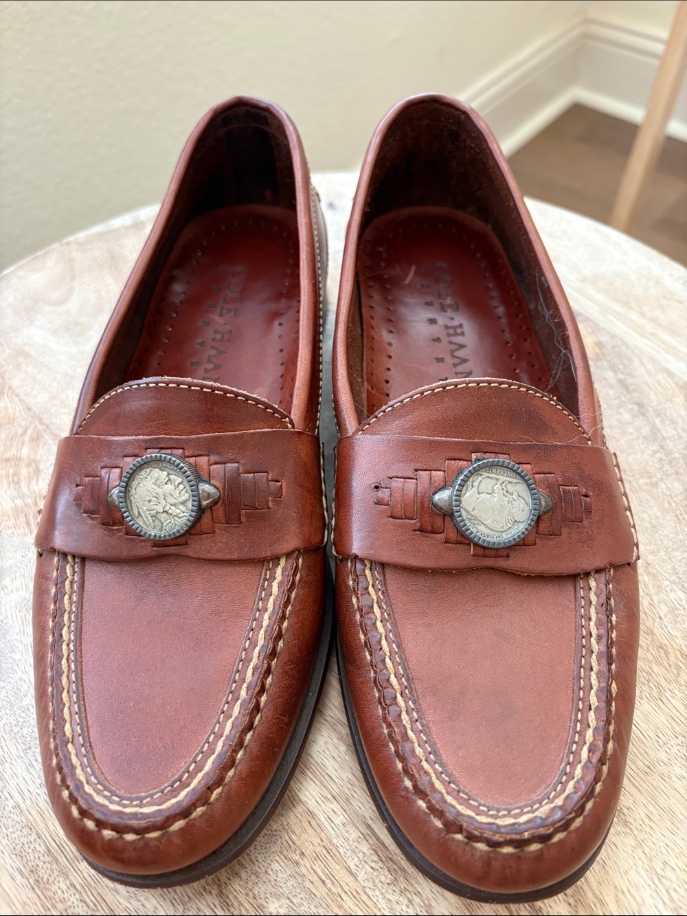 Cole Haan Saddle Tan Leather Penny Loafers with Coin Detail
